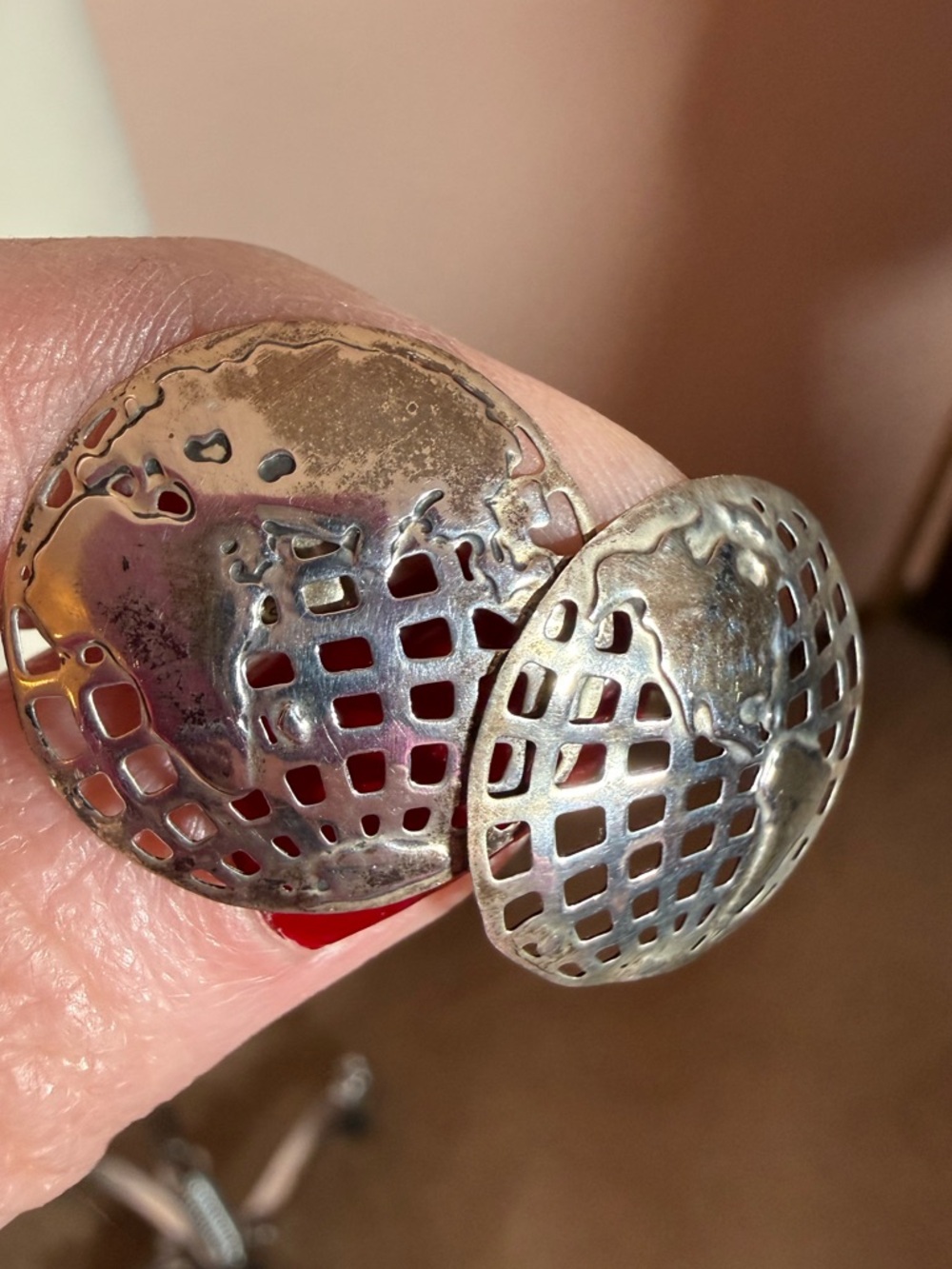 Sterling silver Globe World half dome designer signed vintage earrings